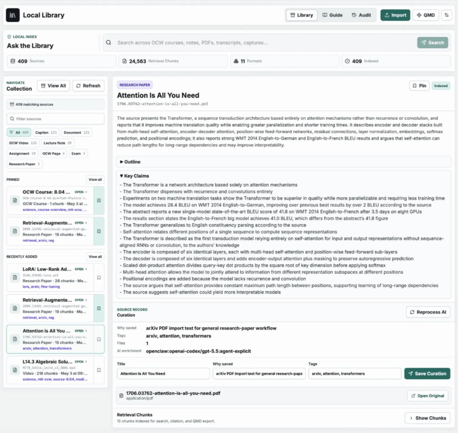 Self-hosted research library with document summaries, claims, source records, tags, and retrieval chunks